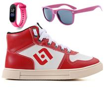 Tenis Infantil Meninas Botinha Cano Alto Escolar Casual Basico + Oculos Relogio