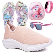 Tenis Infantil Meninas Calce Facil Leve Tipo Meia + Mochila Chinelo Oculos Relogio