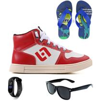 Tenis Infantil Meninos Botinha Cano Alto Escolar Casual Basico + Chinelo Oculos Relogio