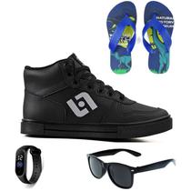 Tenis Infantil Meninos Botinha Cano Alto Escolar Casual Basico + Chinelo Oculos Relogio