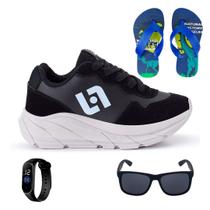 Tenis Infantil Meninos Jogger Escolar Casual Camurça + Chinelo Oculos Relogio