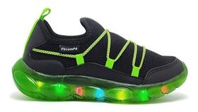 Tenis infantil pé com pé bubble led luz slip on preto/verde