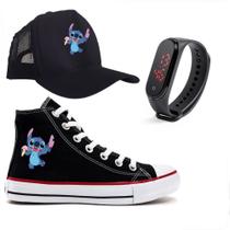 Tênis Kit Feminino Lilo Stitch Infantil Adulto Relogio e Boné Tênis Kit Feminino Lilo Stitch Infantil Adulto Relogio e Boné
