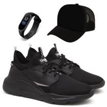 Tênis Knit Esportes Academia Caminhada Treinos Leves + Relógio + Boné
