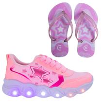 Tênis Led Infantil Feminino Casual Jogging Estrela Coração Rosa +Chinelo