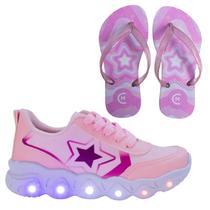 Tênis Led Infantil Feminino Casual Jogging Estrela Coração Rosa +Chinelo