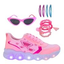 Tênis Led Infantil Feminino Casual Jogging Estrela Coração Rosa +Óculos+Pulseira+TicTac Tênis Led Infantil Feminino Casual Jogging Estrela Coração Rosa +Óculos+Pulseira+TicTac