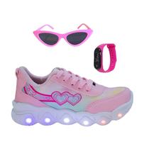 Tênis Led Infantil Feminino Casual Jogging Estrela Coração Rosa +Óculos+Relógio