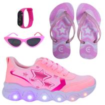 Tênis Led Infantil Feminino Casual Jogging Estrela Coração Rosa +Óculos+Relógio+Chinelo