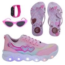 Tênis Led Infantil Feminino Casual Jogging Estrela Coração Rosa +Óculos+Relógio+Chinelo