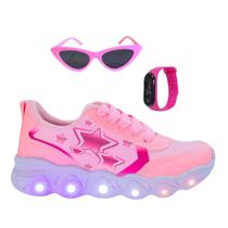 Tênis Led Infantil Feminino Casual Jogging Estrela Coração Rosa +Óculos+Relógio