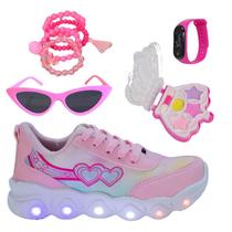 Tênis Led Infantil Feminino Casual Jogging Estrela Coração Rosa +Óculos+Relógio+Pulseira+Make
