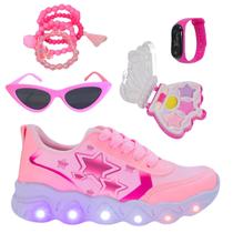 Tênis Led Infantil Feminino Casual Jogging Estrela Coração Rosa +Óculos+Relógio+Pulseira+Make Tênis Led Infantil Feminino Casual Jogging Estrela Coração Rosa +Óculos+Relógio+Pulseira+Make