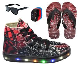 Tênis Led Infantil Masculino Cano Alto Botinha Meninos Gamer Aranha +Chinelo+Óculos+Relógio Tênis Led Infantil Masculino Cano Alto Botinha Meninos Gamer Aranha +Chinelo+Óculos+Relógio