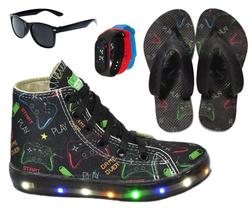 Tênis Led Infantil Masculino Cano Alto Botinha Meninos Gamer Aranha +Chinelo+Óculos+Relógio