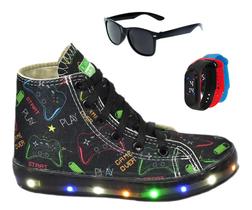 Tênis Led Infantil Masculino Cano Alto Botinha Meninos Gamer Aranha +Óculos+Relógio