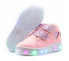 Tênis led luz cano baixo infantil feminino coração glitter