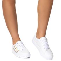 Tenis Listras Casual Feminino Branco Prata Estilo Shoes