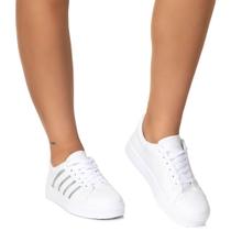 Tenis Listras Casual Feminino Branco Prata Estilo Shoes