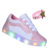 Tenis Luminoso com Luz Pisca Branco Rosa Infantil Glitter Tenis Luminoso com Luz Pisca Branco Rosa Infantil Glitter
