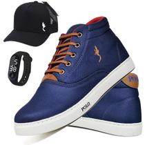 Tênis Masculino Casual Cano Alto + Boné + Relógio Kit 3