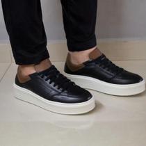 Tênis Masculino Casual Couro Preto Napa Sola Alta 4 cm