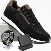 Tênis Masculino Casual Sapatênis Preto Jogging Azul Com Relogio