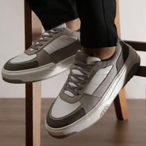 Tênis Masculino Couro Casual Confortável Solado Alto - Off White+Cinza / 43 BR - Sem Marca