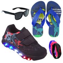 Tenis Masculino De Led Calce Facil Infantil Dinossauro Luzinha + Chinelo Oculos Relogio