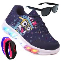 Tenis Masculino De Led Infantil Video Game Personagem DIversÃo Luzinha + Oculos e Relogio