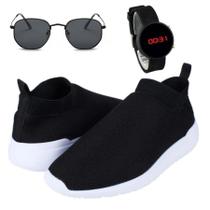 Tênis Masculino Super Leve Confortável Preto + Relógio Digital Silicone + Óculos Hexagonal Preto