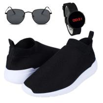 Tênis Masculino Super Leve Confortável Preto + Relógio Digital Silicone + Óculos Hexagonal Preto