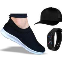 Tênis Meia Casual Comfort Feminino Masculino Macio Leve Calce Fácil Ortopédico Novo + Relógio Boné