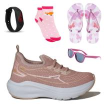 Tenis meia infantil feminino barato r1032 - rosa - menina + oculos de sol + chinelo + meia + relógio