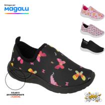 Tênis menina feminino estampado borboleta sola preta antiderrapante sem cadarço calce fácil