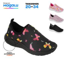 Tênis menina feminino estampado sola preta solado escuro antiderrapante sem cadarço confortável leve