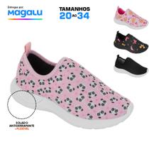 Tênis menina feminino estampado sola preta solado escuro antiderrapante sem cadarço confortável leve
