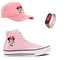 Tênis Minnie Mouse Boné E Relógio Infantil All Cano Alto Moda Jovem Feminina Tênis Minnie Mouse Boné E Relógio Infantil All Cano Alto Moda Jovem Feminina