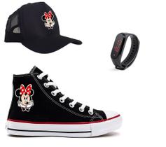 Tênis Minnie Mouse Boné E Relógio Infantil All Cano Alto Moda Jovem Feminina