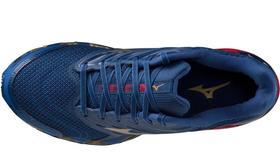 Tênis Mizuno Wave Prophecy 12S Azul Dourado e Vermelho