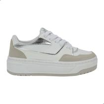 Tênis Peluche Feminino Plataforma Branco Cinza e Prata