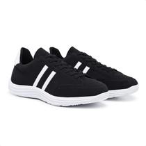 Tenis Preto Listras Branco Solado Branco Cadarço Tenis Preto Listras Branco Solado Branco Cadarço