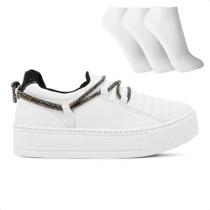 Tênis Ramarim Caixa Alta Slip On Strass Feminino + 3 Pares de Meias