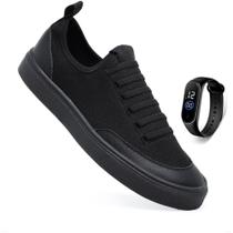 Tenis Sapatenis Casual Calce Facil Preto Cano Baixo Nylon Sola Reta Confortável + Relógio