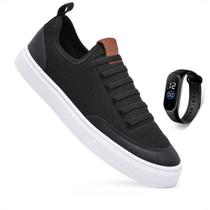 Tenis Sapatenis Casual Calce Facil Preto Cano Baixo Nylon Sola Reta Confortável + Relógio