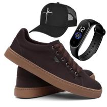 Tênis Sapatênis Masculino Casual Solado Costurado Marrom + Relógio Led Digital + Boné Trucker Tênis Sapatênis Masculino Casual Solado Costurado Marrom + Relógio Led Digital + Boné Trucker