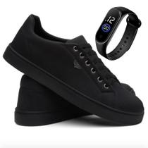 Tênis Sapatênis Masculino Casual Solado Costurado Preto + Relógio Led Digital