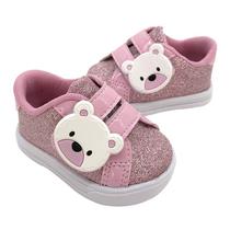 Tênis Sapatinho Para Bebês Infantil Menina Urso Rosa Com Brilho Tênis Sapatinho Para Bebês Infantil Menina Urso Rosa Com Brilho