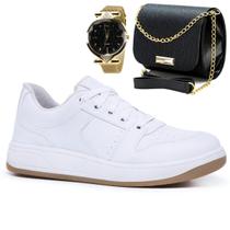 Tênis Sapato Casual Confortável Leve Macio Branco Básico Feminino + Bolsa Feminina + Relógio - Kartmen