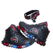Tenis Sapato com Luzes de Led Colorida Infantil Meninos Preto Vermelho - Pemania